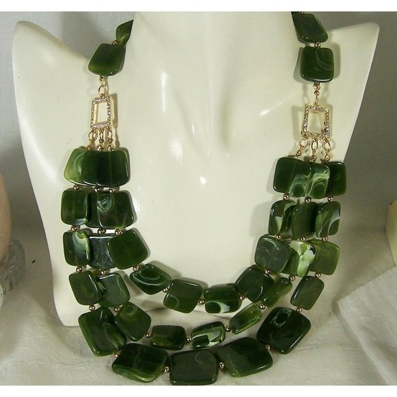 Vintage Charmin Charlie Signed Statement Necklace Faux Jade Panels Rhinestones - Picture 1 of 8